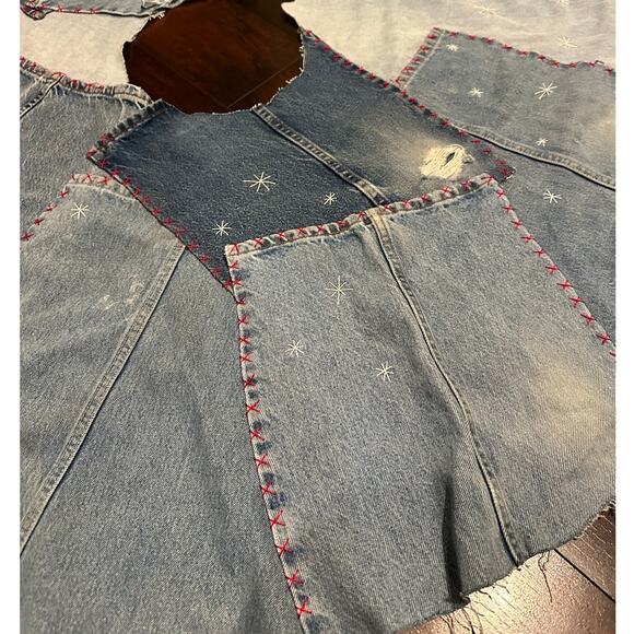 Recycled Denim Embroidered Hand Made Tree Skirt Jeans Blue Red Star Accents - Picture 7 of 10